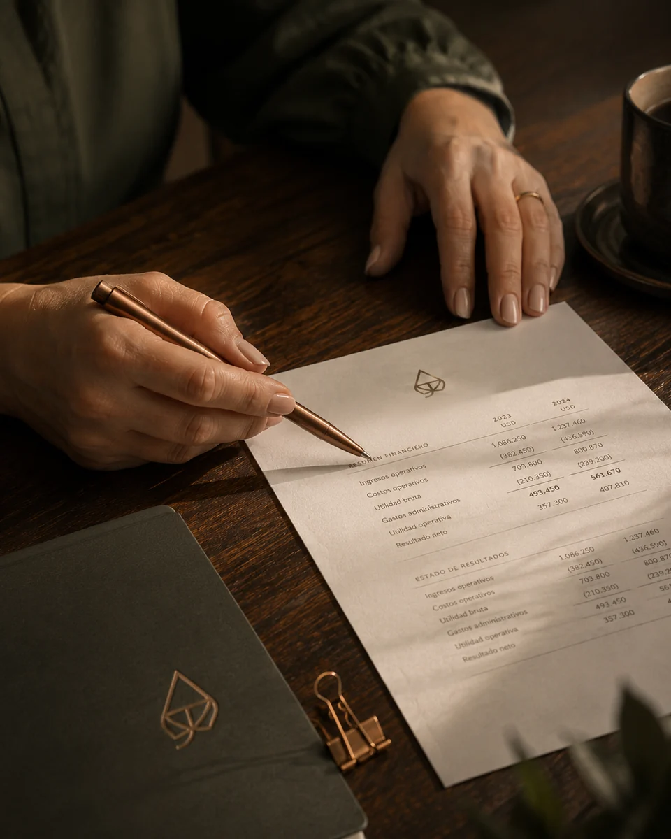 Escritorio de trabajo de Taxology: documentos contables y papelería de la firma